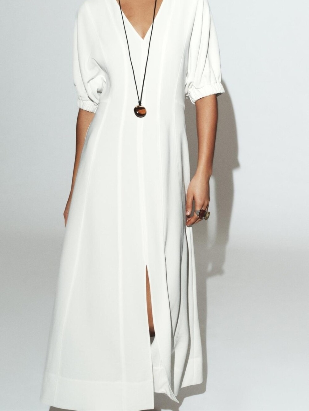 Zara White V‑Neck Maxi Dress with Elbow Sleeves